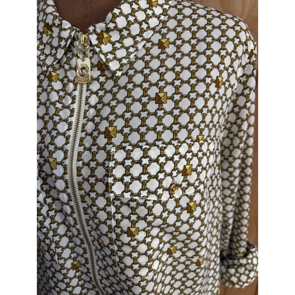 Michael Kors Womens Gold Chain Link Zip Front Roll Tab Blouse Top‎ Size 14 - Picture 4 of 8